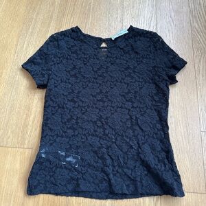 Mango Black Floral Lace Short Sleeve Top